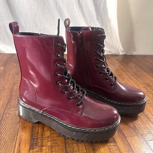 Unionbay Burgundy Oxblood Patent Chunky Platform Combat Boots Women 7.5M Y2K Lug